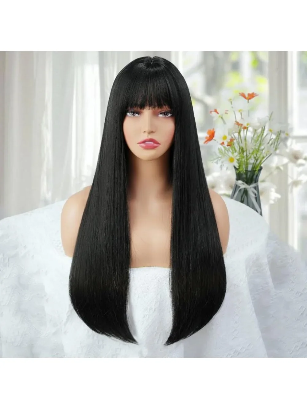24-Inch Long Black Wig with Bangs - Heat Resistant Straight Synthetic Hair for